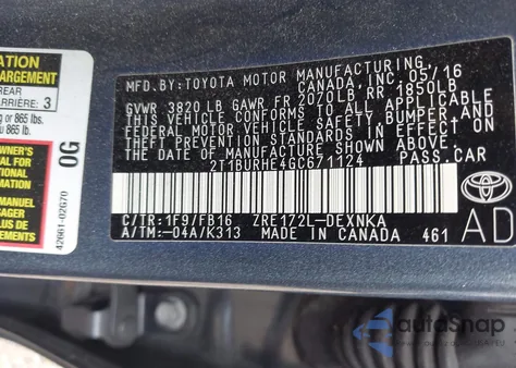 2016 Toyota Corolla Le z USA, uszkodzony, nr VIN 2T1BURHE4GC671124